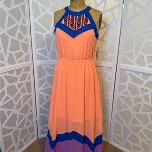 Gianni Bini Pleated Orange and Blue Maxi Sundress